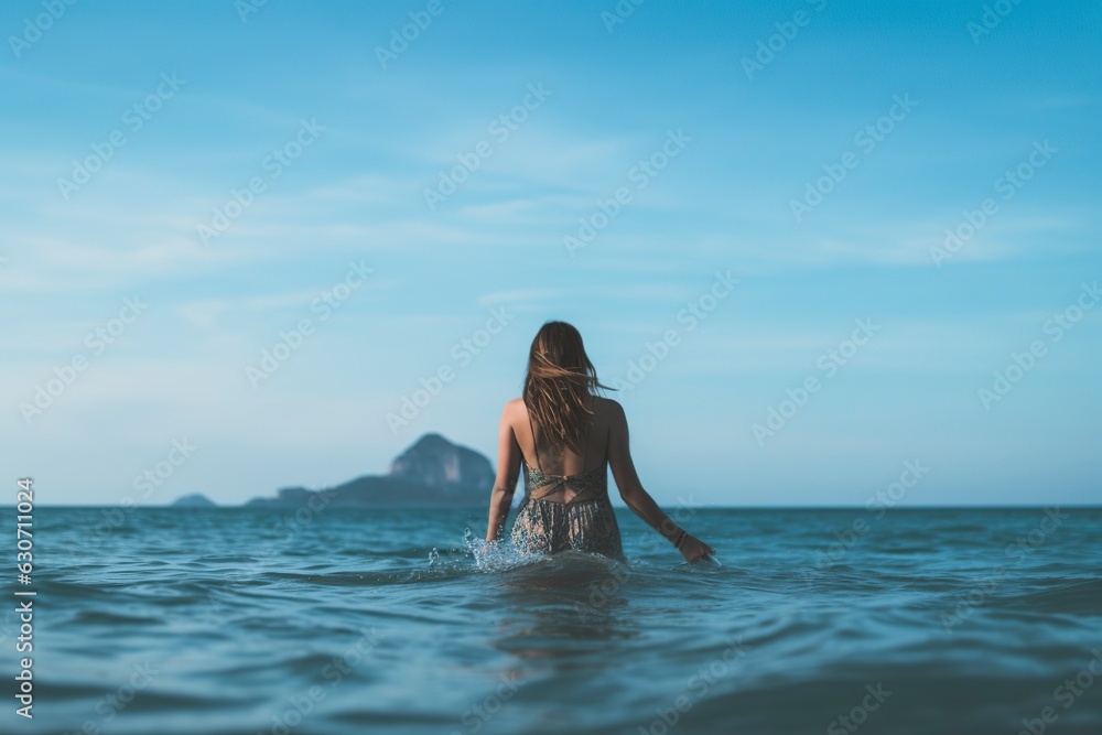 A beautiful young woman wades into the sea for a swim.