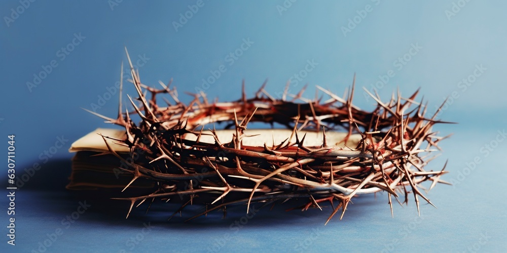 A crown of thorns rests on a Bible, symbolizing sacrifice and faith A crown of thorns rests on a Bible, symbolizing sacrifice and faith