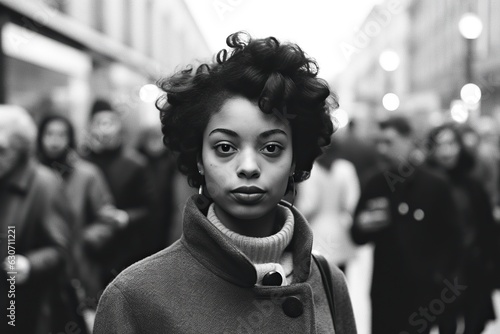 black woman in 1950s America, captured in a photojournalistic black and white portrait. AI Generated. photo