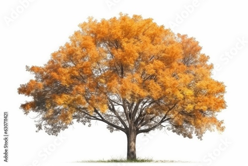 Lonely tree in autumn colors with golden yellow leaves on a white background.