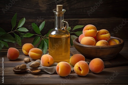 Fresh organic apricot kernel oil in a glass bottle on a table with apricots. photo