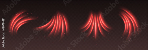 Hot air flow effect, warm heating wind. Red light trails with sparkles. Glowing motion effect. Abstract luminescent curves. Vector decoration.