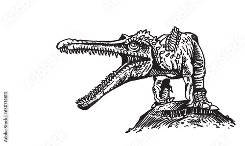 Graphical hand drawn spinosaurus isolated on white,vector illustraion, dinosaur with open mouth