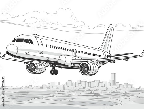 a plane flying over the city coloring page