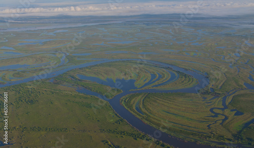 swamps, taiga and multiple branches, channels and offshoots of Amur river near Khabarovsk aerial view