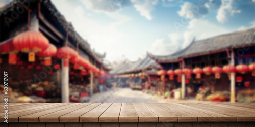 Colorful wooden platform landscape: Old chinese shopping street.