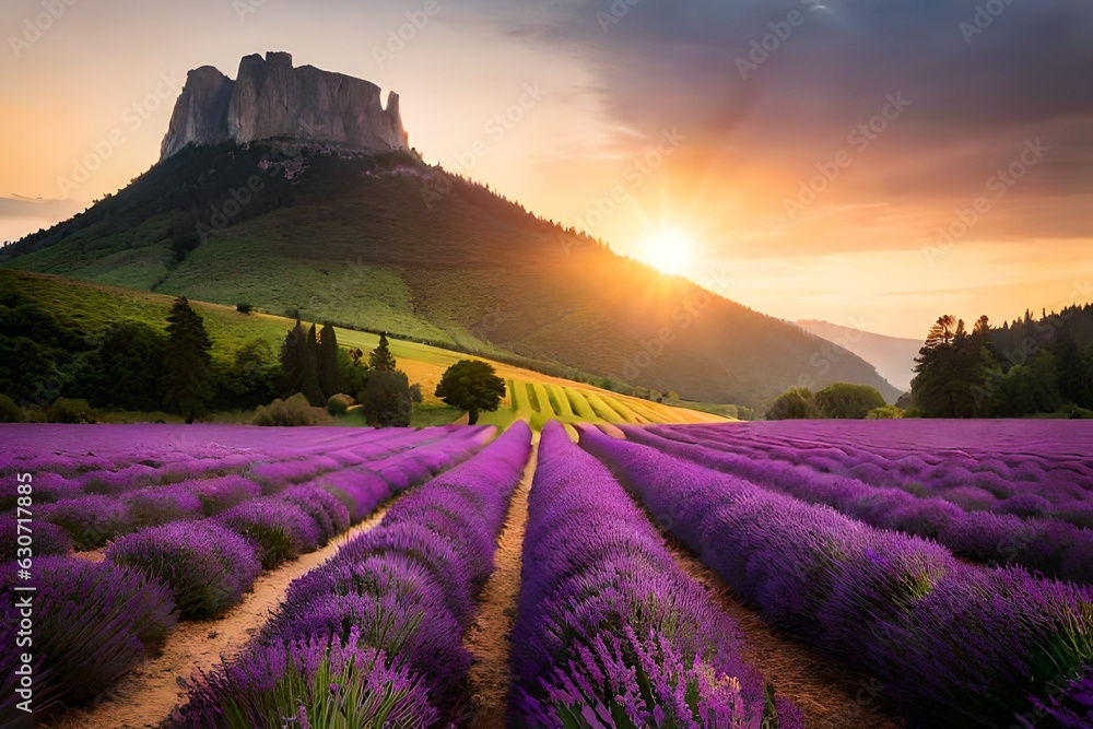 Naklejka premium lavender field at sunset generated by AI tool