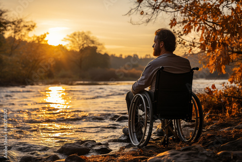 wheelchair-bound man rests on the shore of beach during sunset