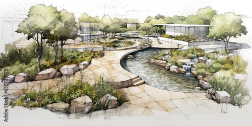 Landscape design scheme sketch a skillful blueprint embodying ideas and concepts for beautifying a space with natural charm. Generative AI