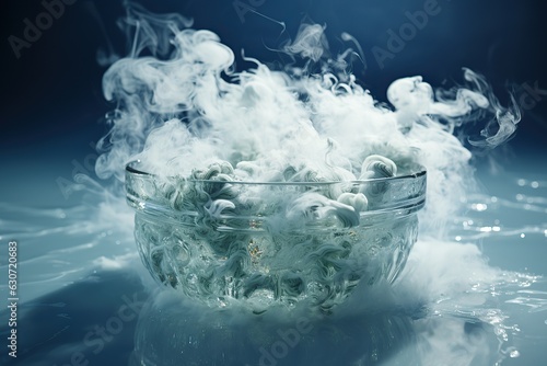 Cold clear liquid in an industrial cold gas bucket, some smoke floating from cold liquid, simple, realistic, cold, modern