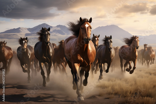 Majestic herd of wild horses galloping across the plains, embodying freedom. © Tachfine Art