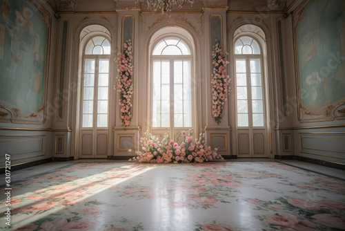 Luxury Palace Interior decorated pink roses. Wedding interior and decor