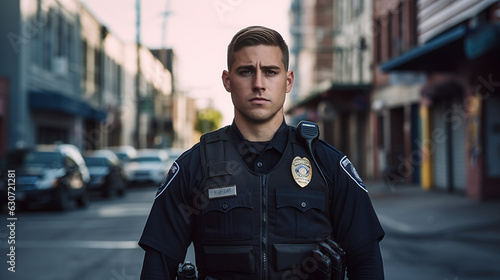 Candid portrait of an American male police officer in uniform standing in an empty barricaded street