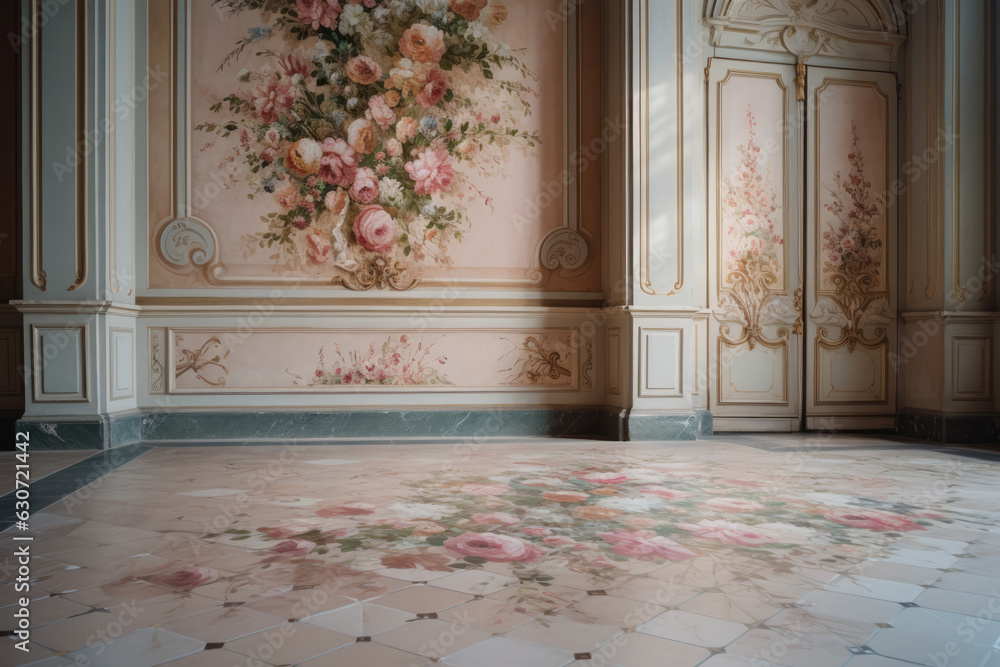 Luxury Palace hall Interior decorated with frescoes and murals pink ...