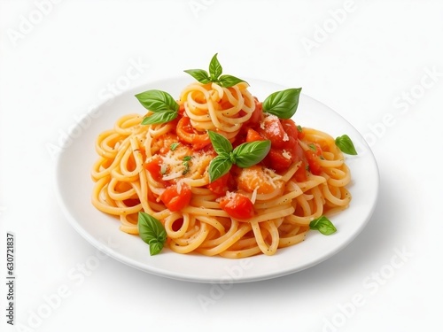 A delicious pasta dish served on a single plate against a pristine white background - by Asanka