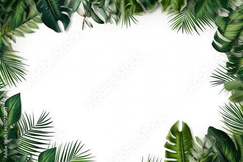 Top view of big green palm leaves and monstera plant on white background. Empty space for product placement or text.