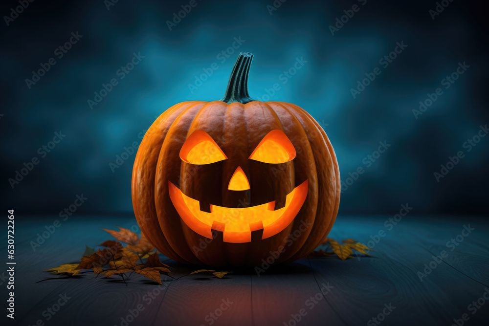 Halloween pumpkin with scary face on dark background. AI generated - obrazy, fototapety, plakaty 