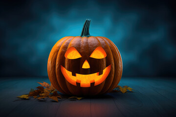 Halloween pumpkin with scary face on dark background. AI generated