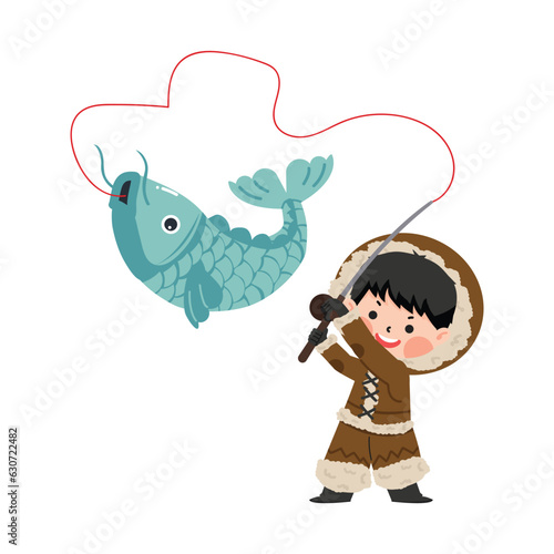 eskimo with fish catch cartoon