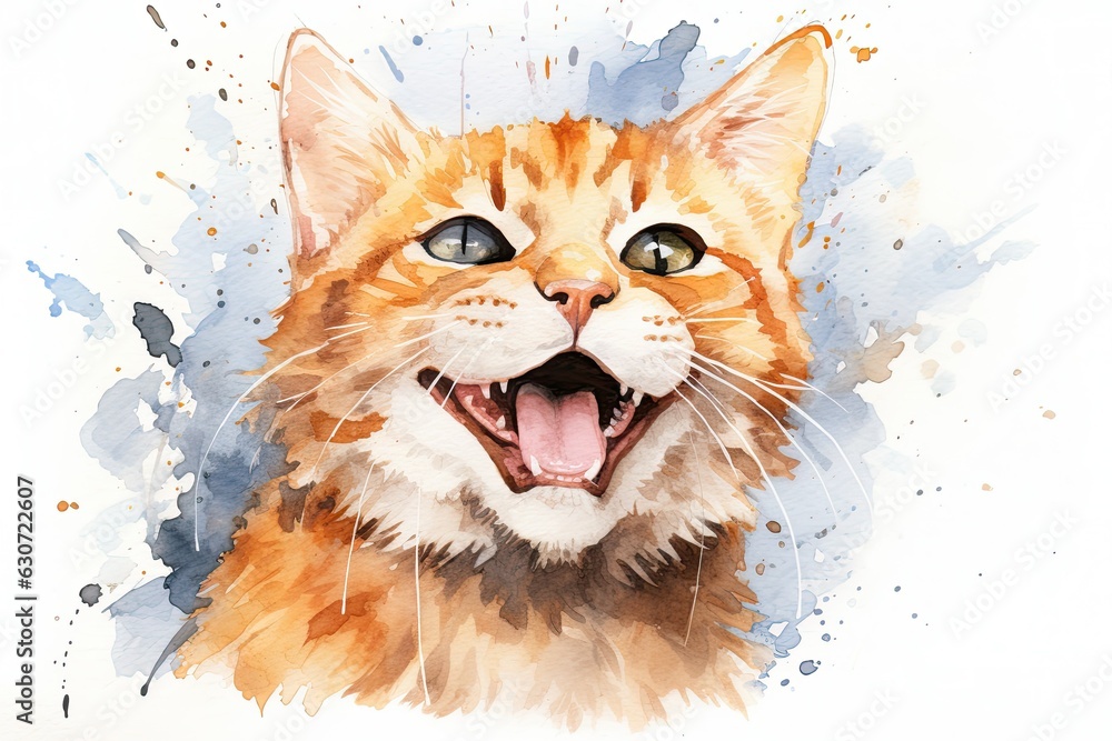 Obraz premium Watercolor paint style portrait of a ginger cat on a white background.