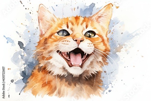 Watercolor paint style portrait of a ginger cat on a white background.