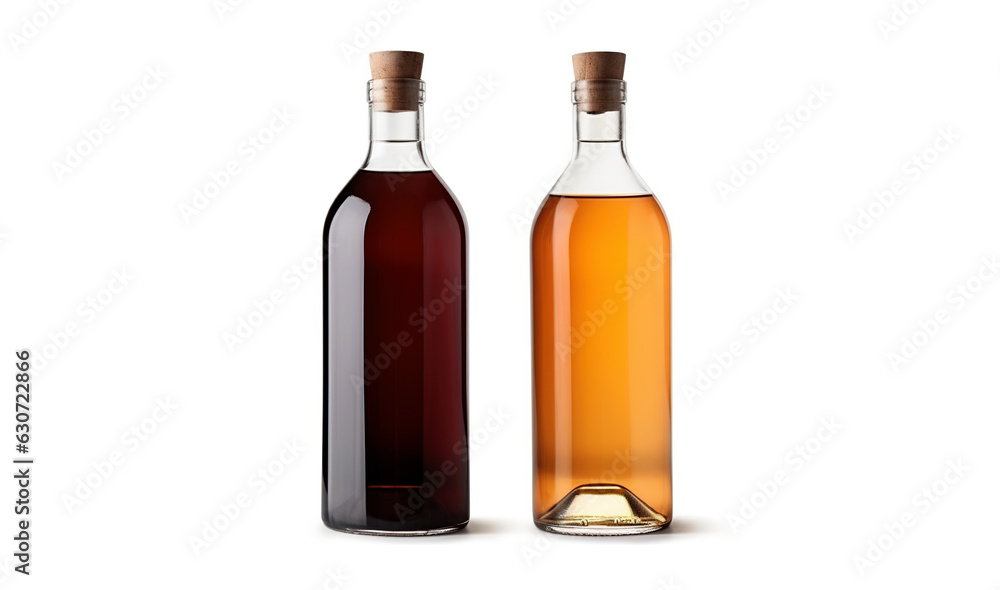 Two bottles of red and white wine isolated on a white background with space for your advertising. Version with Cork, without Foil. Wine bottle mockup.
