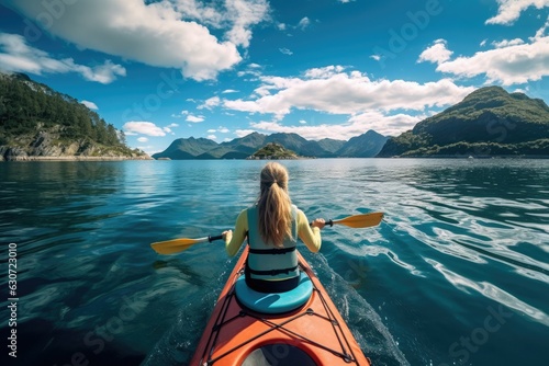 Rear view of a girl in a canoe or kayak floats with a mountain landscape. © OleksandrZastrozhnov