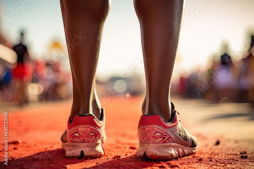 Close-up of the legs of an athlete runner in red running shoes during a marathon or morning run in the city.