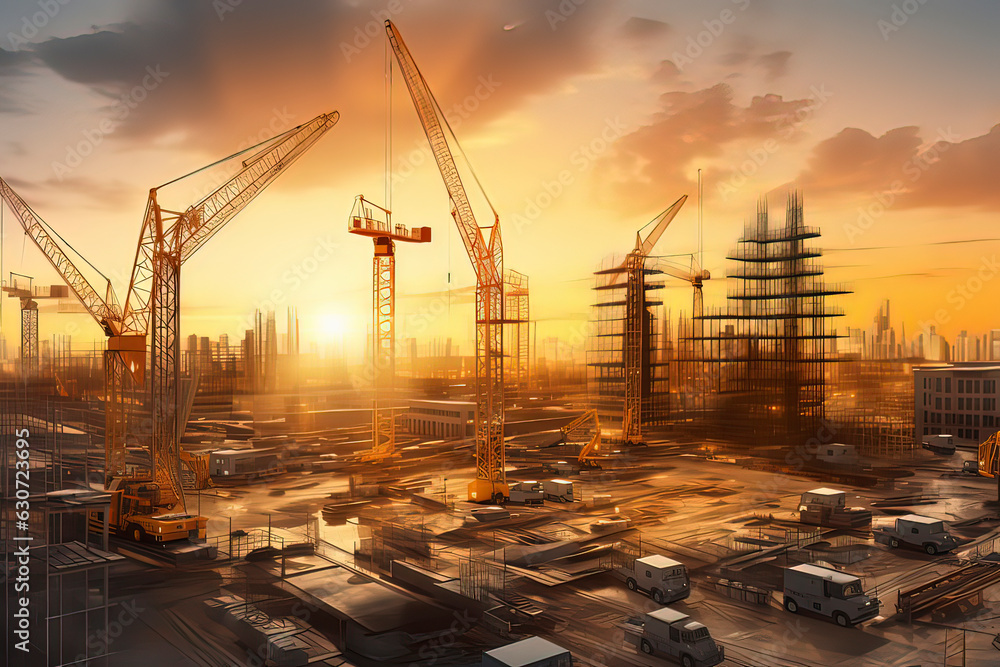 Construction sites at sunset. AI technology generated image