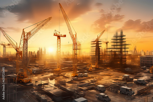 Construction sites at sunset. AI technology generated image