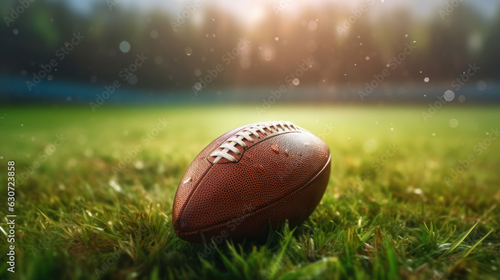 A leather ball for American football lying with its seams in focus on a green grass background. A leather ball for American football lying with its seams in focus on a green grass background.
