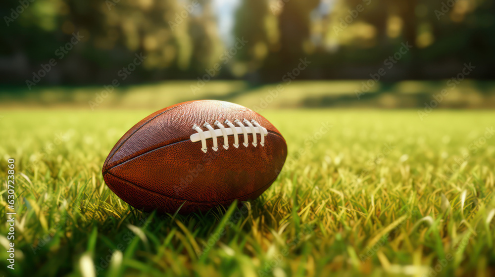 A leather ball for American football lying with its seams in focus on a green grass background. A leather ball for American football lying with its seams in focus on a green grass background.