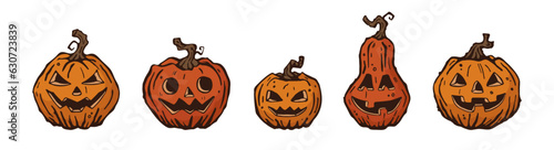 Set of pumpkins with faces. Jack O' Lantern. Halloween vector clipart on transparent background.
