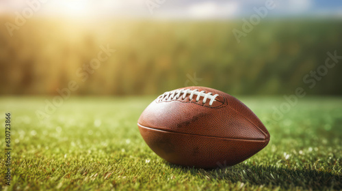 A leather ball for American football lying with its seams in focus on a green grass background.