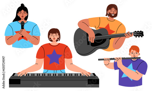 Set of people with different musical instrument. Women and men with art hobby or profession. Flat vector illustration on white background.