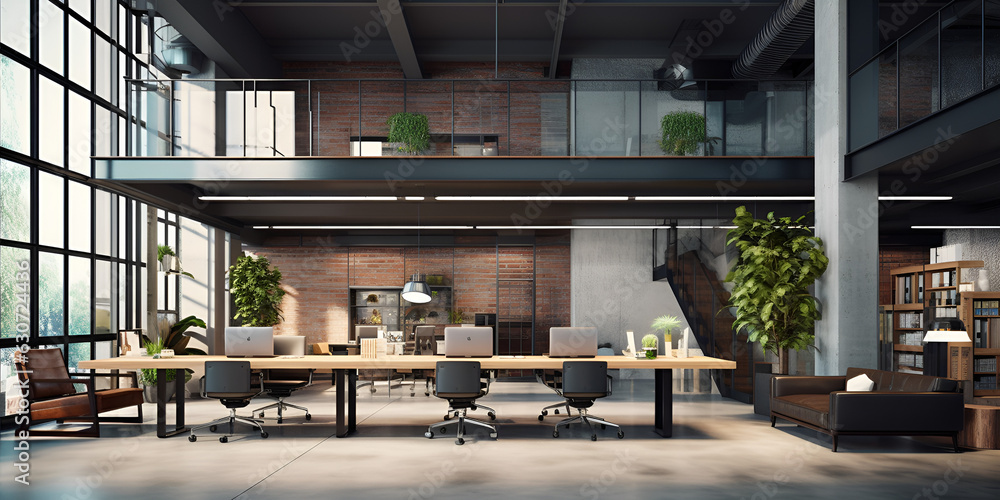 Industrial Interior Office 3d Render Background, Luxury workspace ...