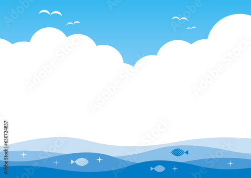 海と空　雲　魚　カモメ　背景