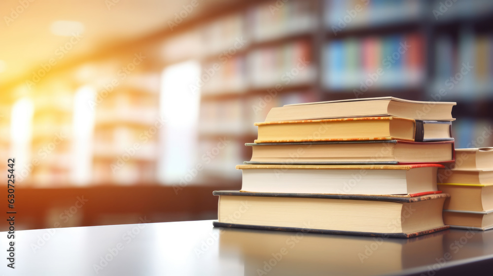 Book stack on wood desk and blurred bookshelf in the library room.Created with Generative AI technology. Book stack on wood desk and blurred bookshelf in the library room.Created with Generative AI technology.