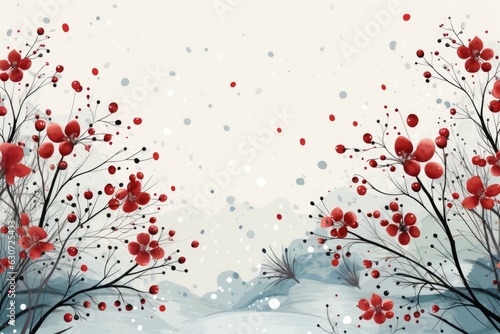 A painting of a snowy landscape with red berries. Winter holiday greeting card.