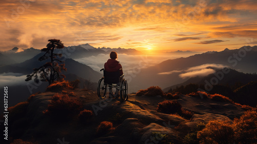 Perseverance concept with man in wheelchair admiring the sunset from mountain top, Generative AI illustration © IBEX.Media