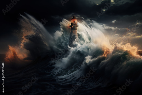 Terrifying huge Storm waves hitting light house at night, Generative AI illustration