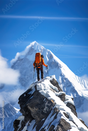 Man standing successful on snowy mountain top, Generative AI illustration