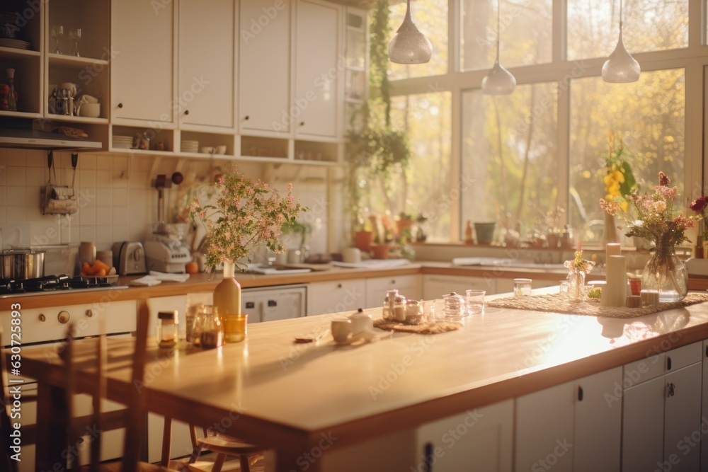 Kitchen room with table morning light time, Generate with Ai