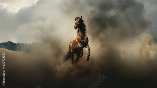 Majestic mustang horse rearing in the dust, Generative AI illustration