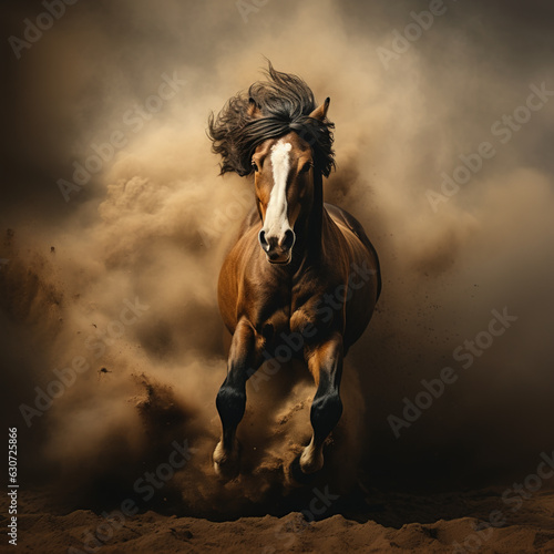 Majestic horse running in dust cloud, Generative AI illustration photo