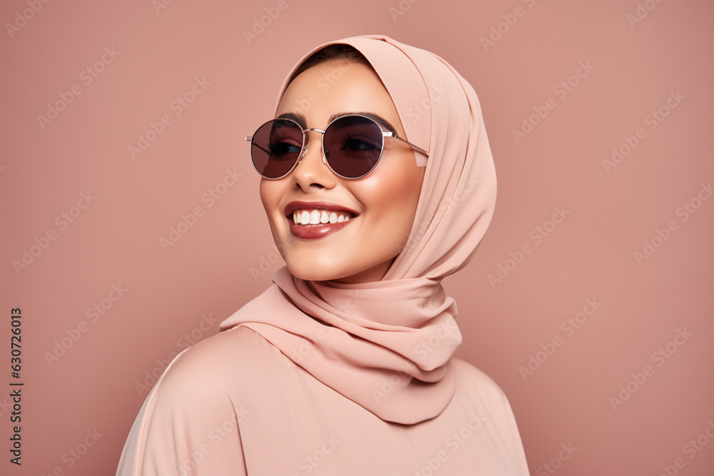 Muslim woman in hijab wearing sunglasses and modern clothes ona neutral background, studio shot Muslim woman in hijab wearing sunglasses and modern clothes ona neutral background, studio shot