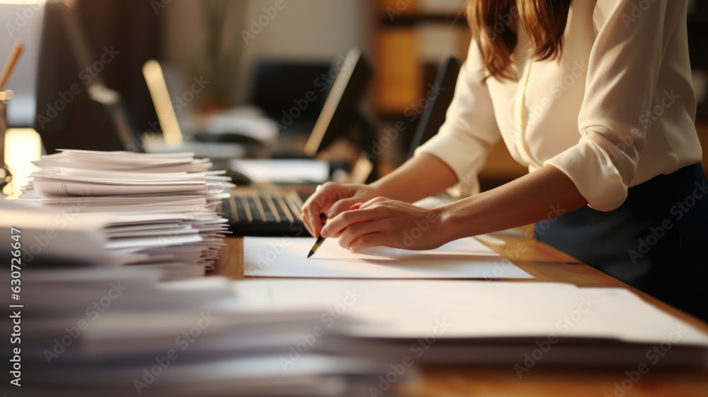 Businesswoman hands working in Stacks of paper files for searching information on work desk in office Businesswoman hands working in Stacks of paper files for searching information on work desk in office