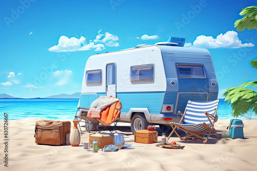 Island tourism concept, Recreational vehicle on the beach. AI technology generated image photo