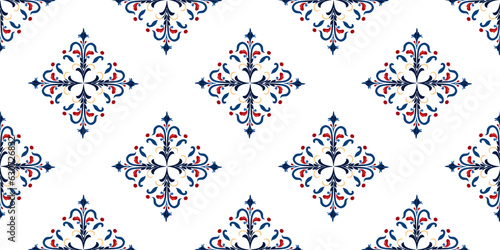 Seamless pattern with mosaic tiles in blue, white. Mediterranean, portuguese, spanish traditional vintage style vector illustration