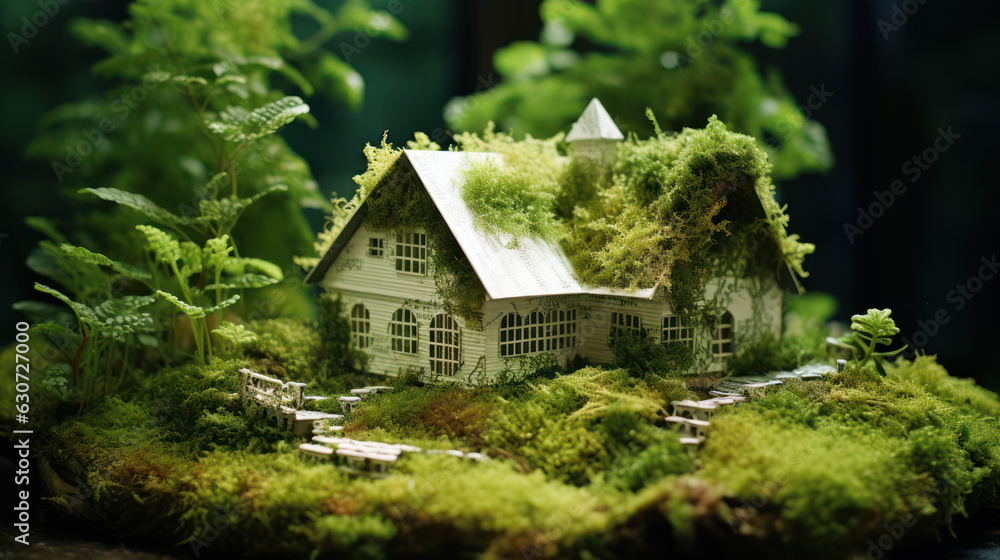 A small toy house with moss on the roof. Symbol of care for nature and clean energy